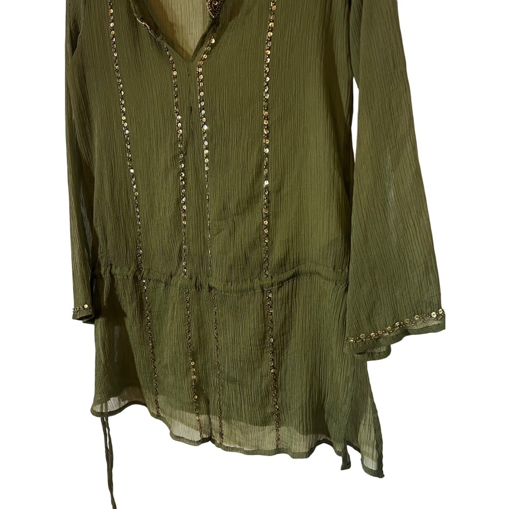 Y2K Mixit Sheer Tunic Top XS Boho Earthy Olive Green Beaded Gold Sequin Gauze - Picture 3 of 10